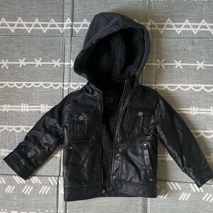 Kids Black Faux Leather Jacket with Hood, Size 3T